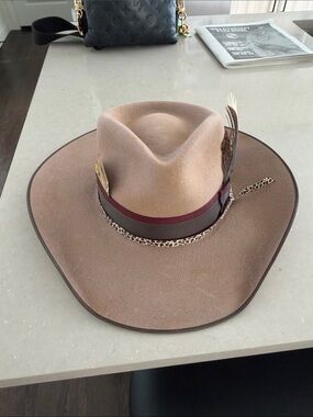 Wide Brim Felt Fedora Hat in Taupe with Ribbon and Feather
